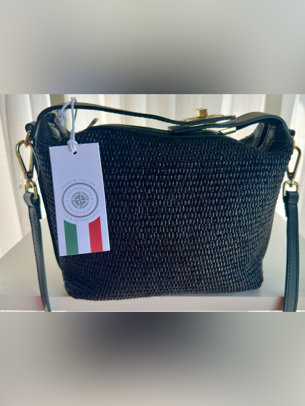 Black Woven Crossbody Bag - made in Italy with Leather Accent NWT